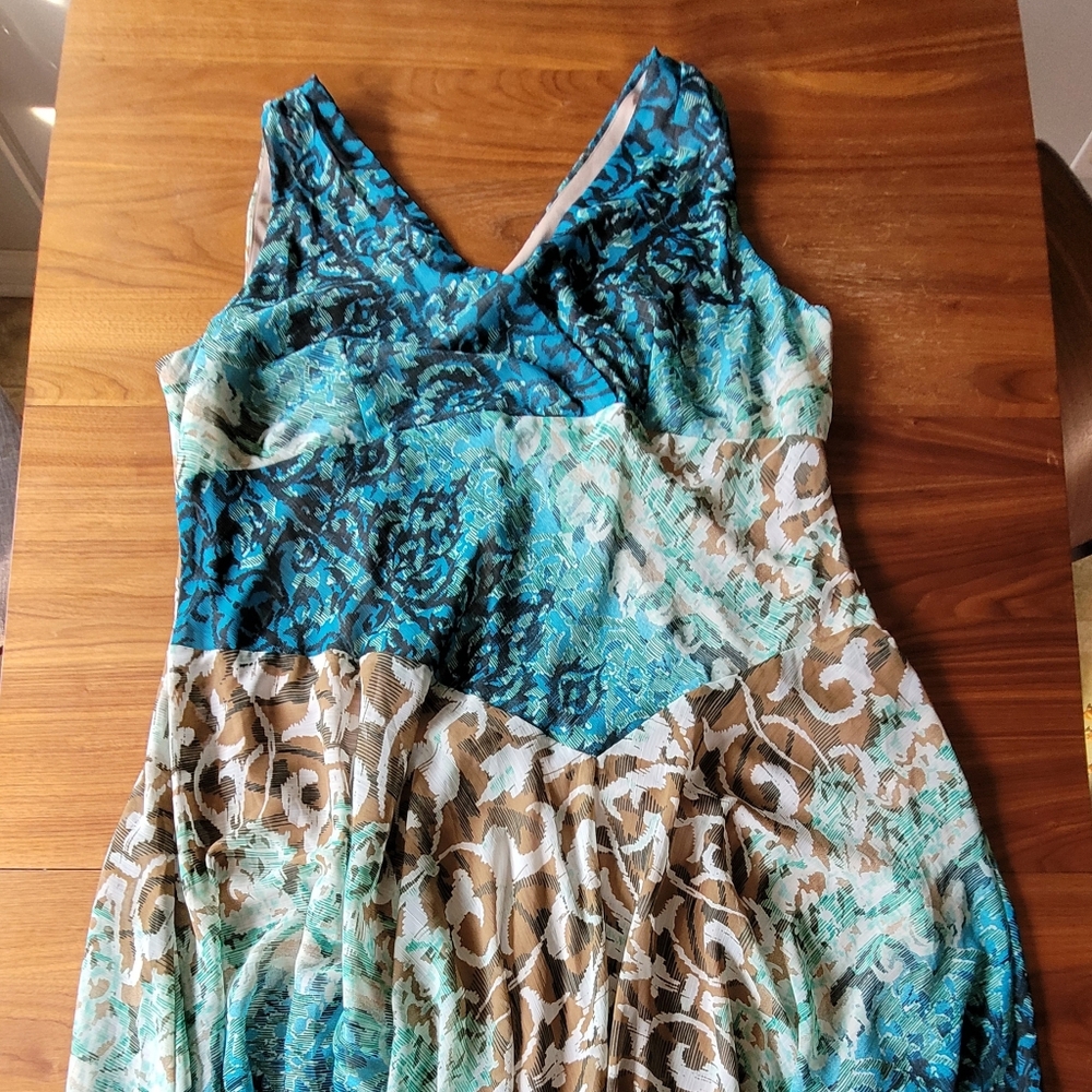dressbarn Blue Teal Brown Patterned Maxi Dress